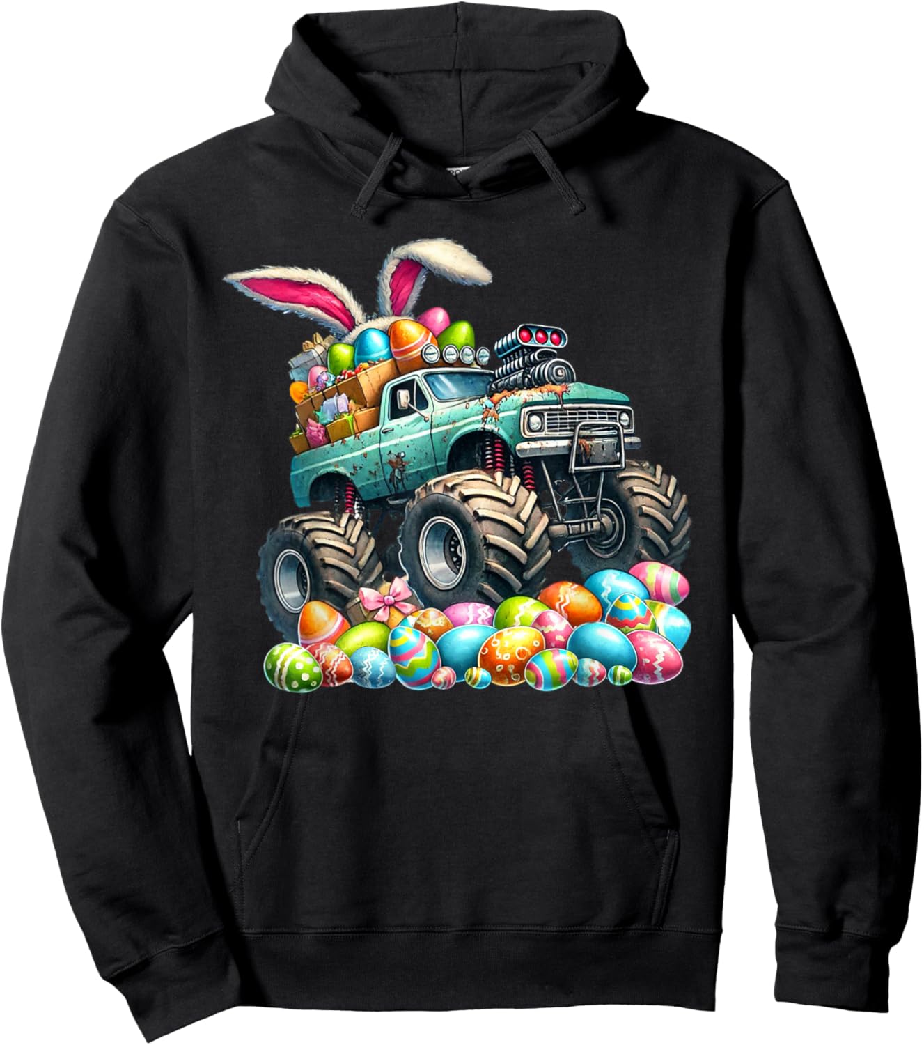 Boys Happy Easter Monster Truck Easter Eggs Hunt Toddler Kid Hoodie - Hoodie | Black