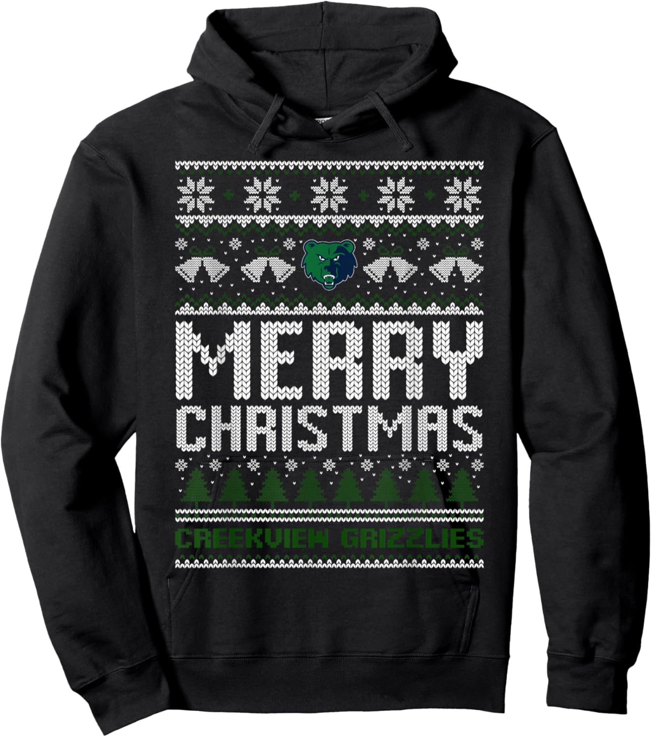 Creekview Grizzlies Logo Merry Christmas Ugly Sweater HS Hoodie - Hoodie | Black