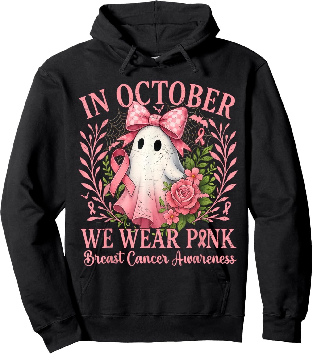 in October We Wear Pink Ghost with Flowers Breast Cancer Hoodie - Hoodie | Black