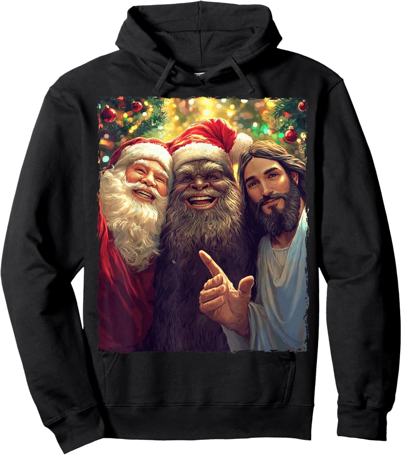 Funny Bigfoot Sasquatch Selfie Santa Jesus Xmas Christmas Hoodie - Hoodie | Black