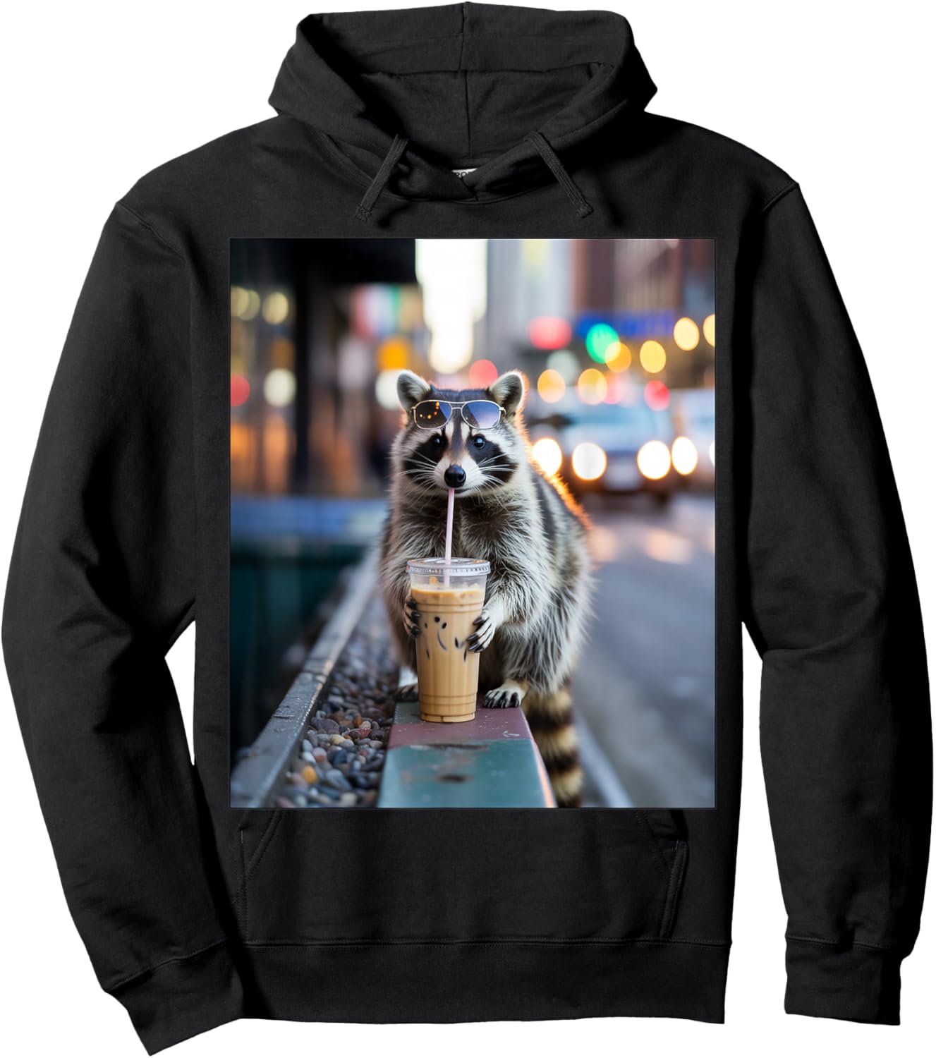 Raccoon Drinking Iced Coffee Funny Animal Men Women Hoodie - Hoodie | Black