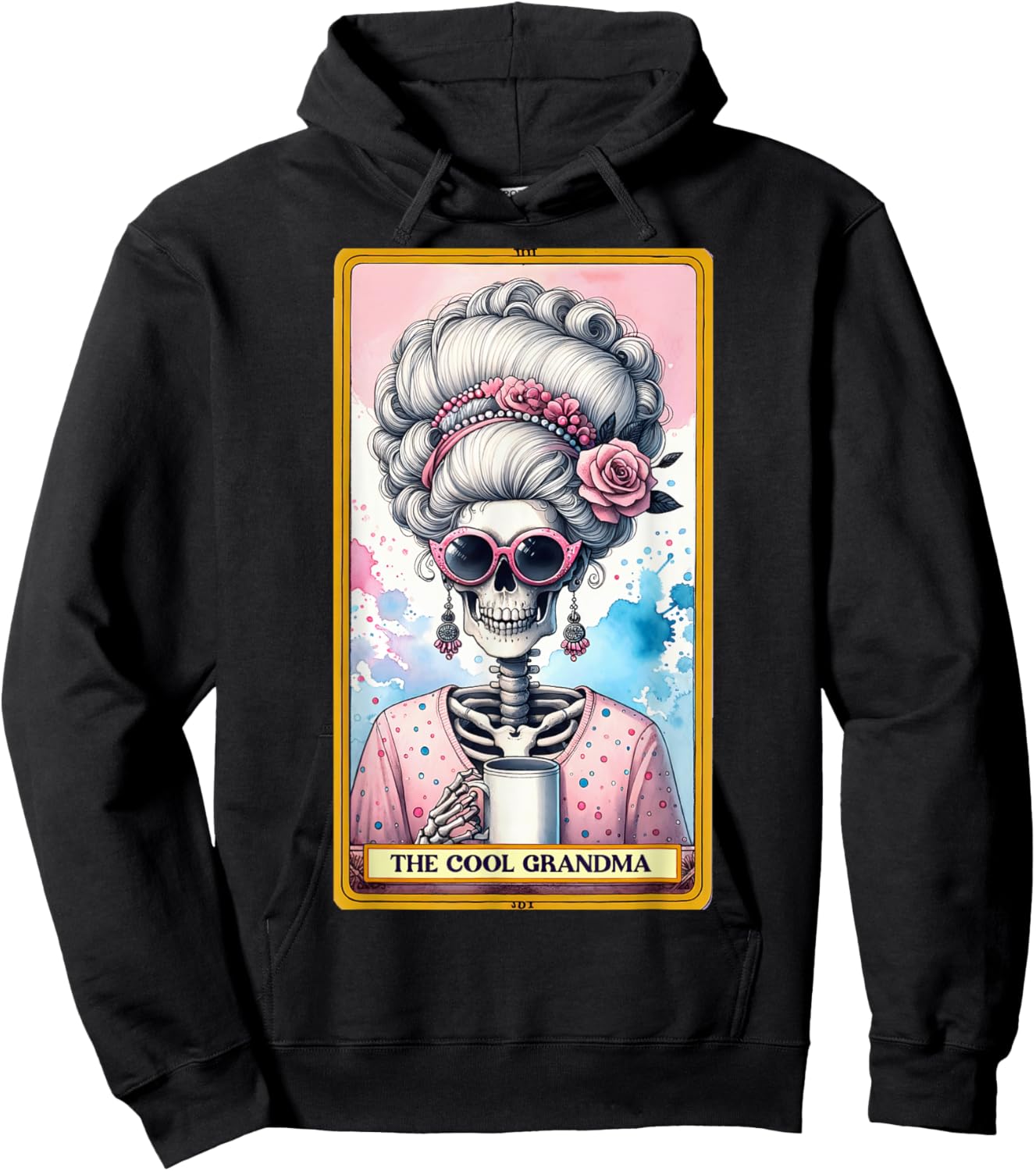 Cool Grandma Tarot Card Skeleton Skelly Messy Bun Coffee Hoodie - Hoodie | Black