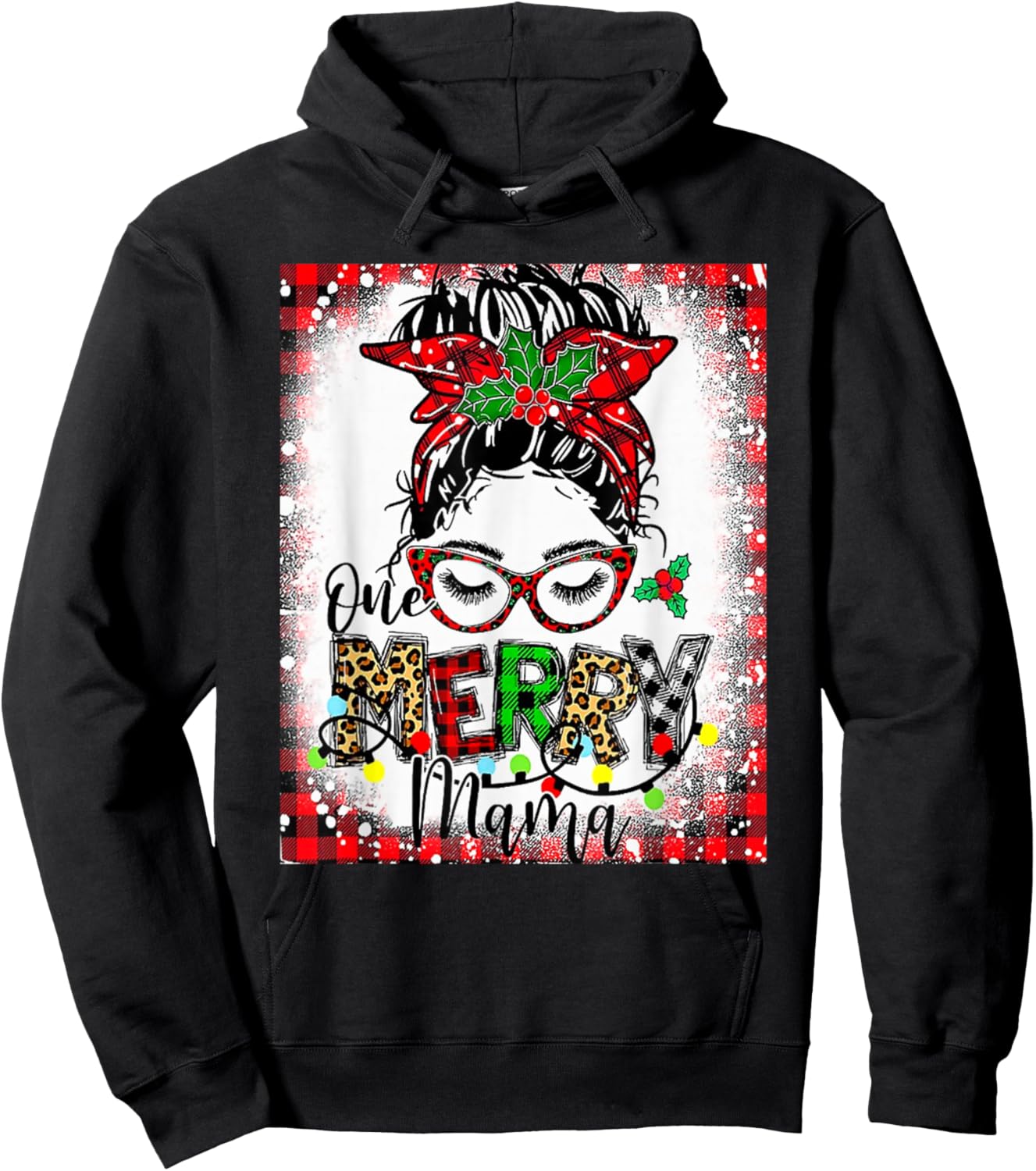 Bleached One Merry Mama Messy Bun Mama Christmas Hoodie - Hoodie | Black