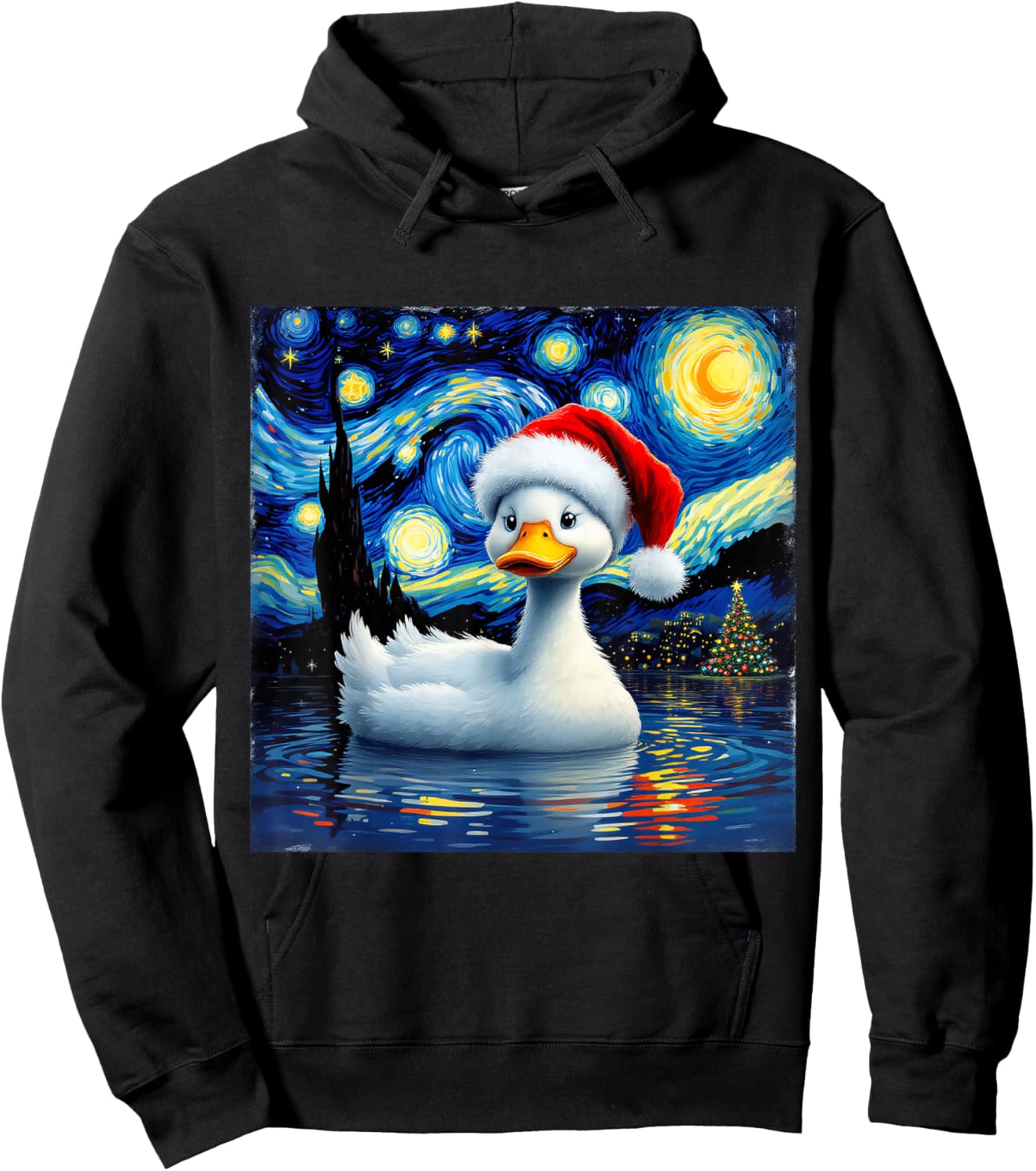 Christmas Duck Santa Hat Van Gogh Starry Night Holiday Hoodie - Hoodie | Black