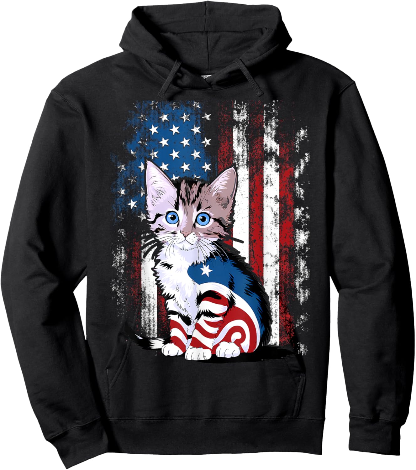 Memorial Day Cat Funny Kitten 4th of July Patriotic Usa Flag Hoodie - Hoodie | Black