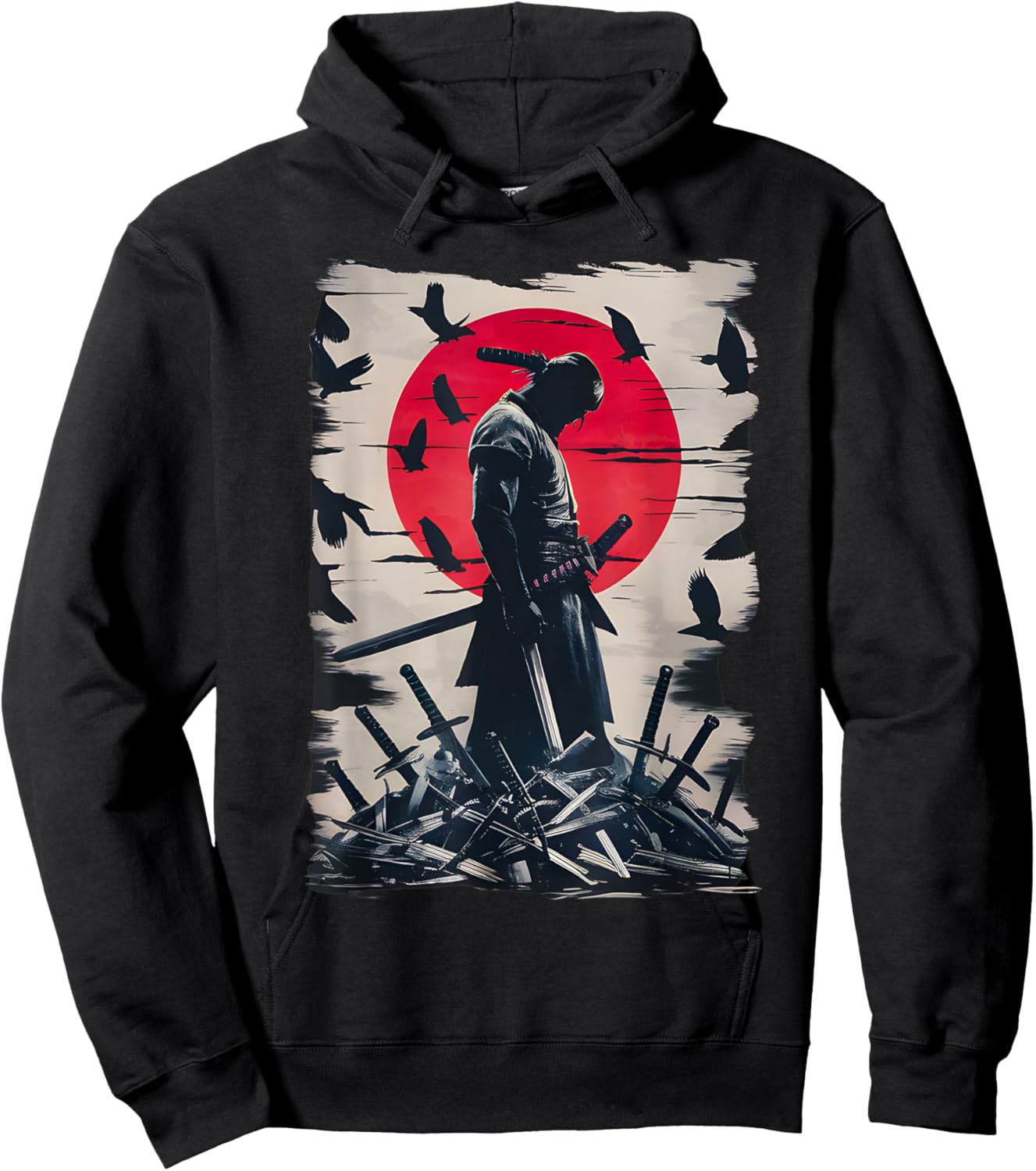 Japanese Anime Art Lone Samurai with Red Sun and Crows Hoodie - Hoodie | Black