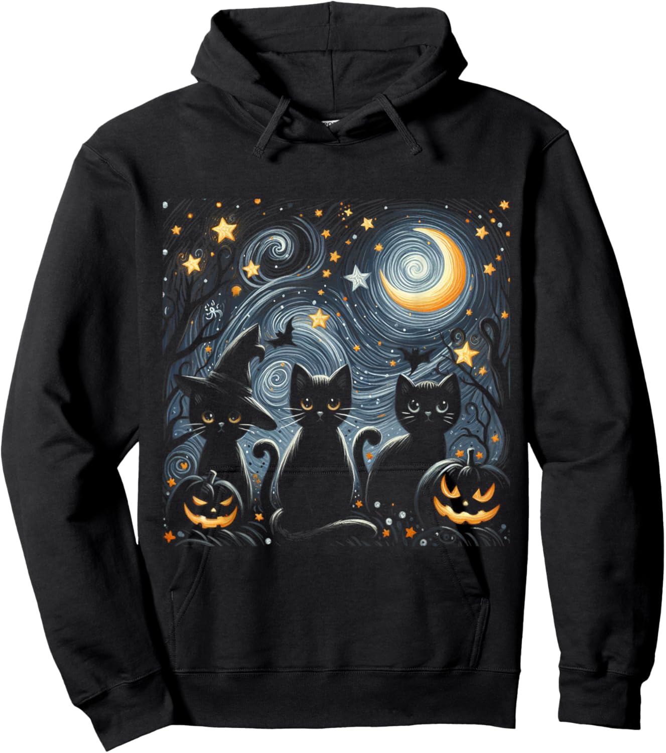 Van Gogh Halloween Starry Night with Black Cat and Pumpkins Hoodie - Hoodie | Black