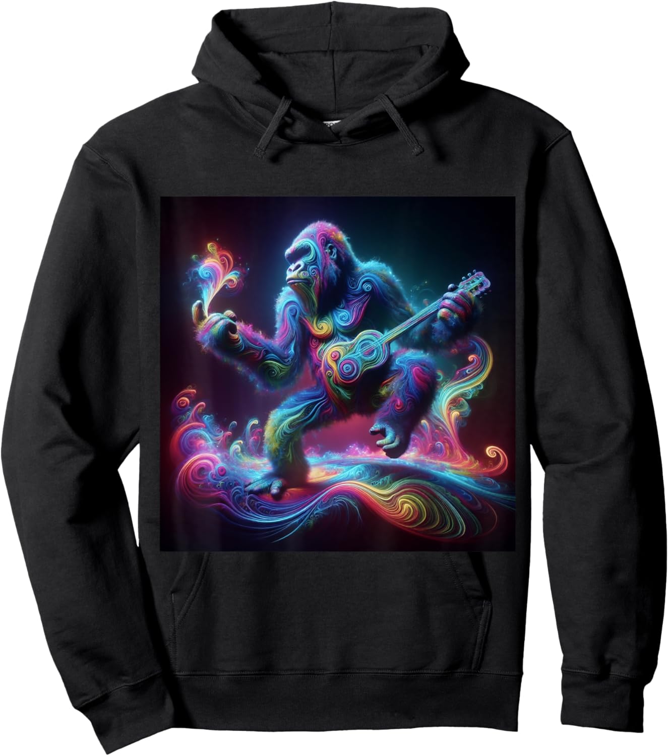 Psychedelic Gorilla Guitar Shaman Trippy Rainbow EDM Vibes Hoodie - Hoodie | Black