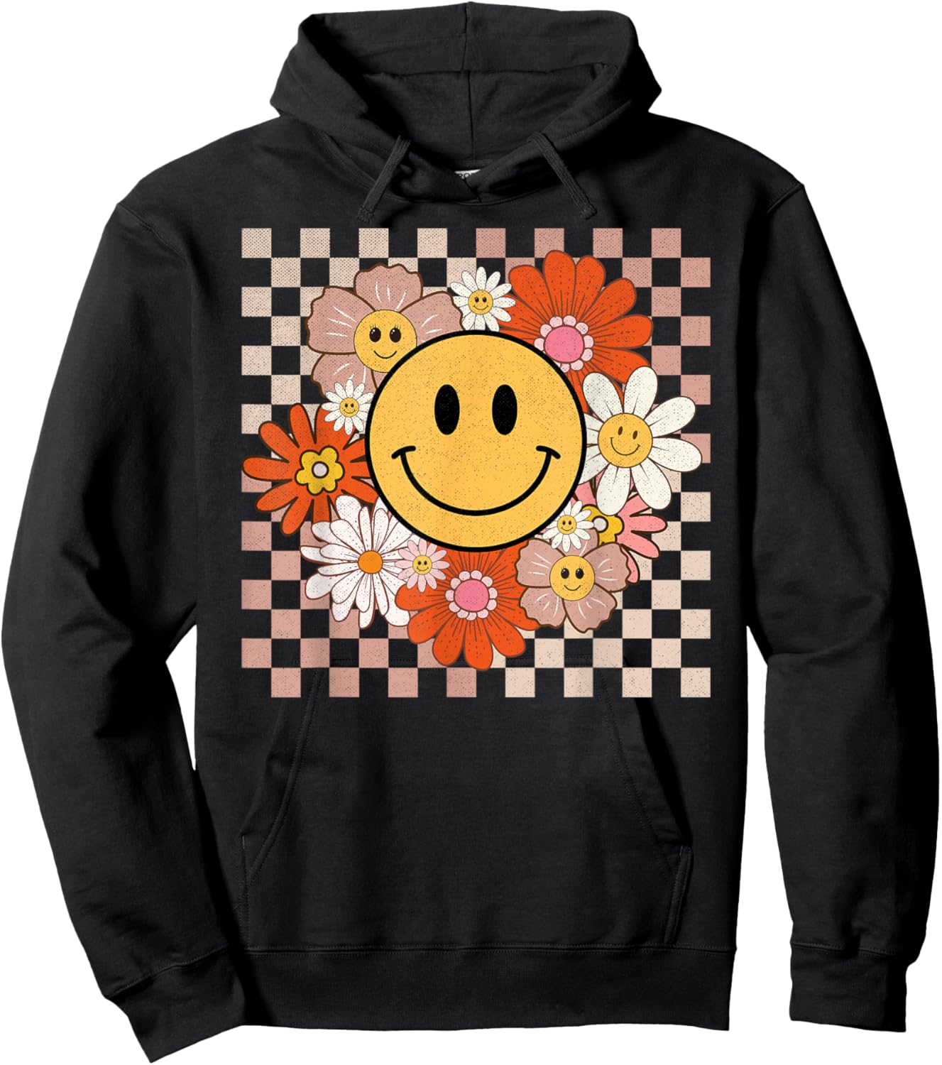 Retro Groovy Smile Happy Face Flowers Checkered 70s Hippie Hoodie - Hoodie | Black