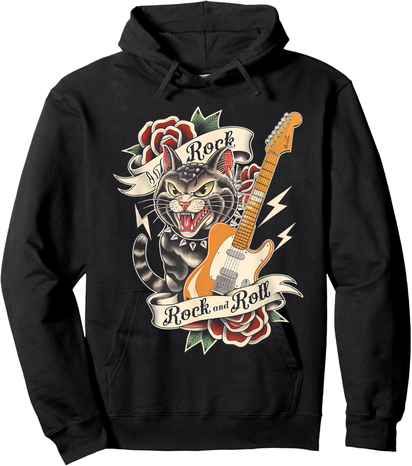 Rock and Roll Guitar Vintage Classic Tattoo Style Rock Cat Hoodie - Hoodie | Black