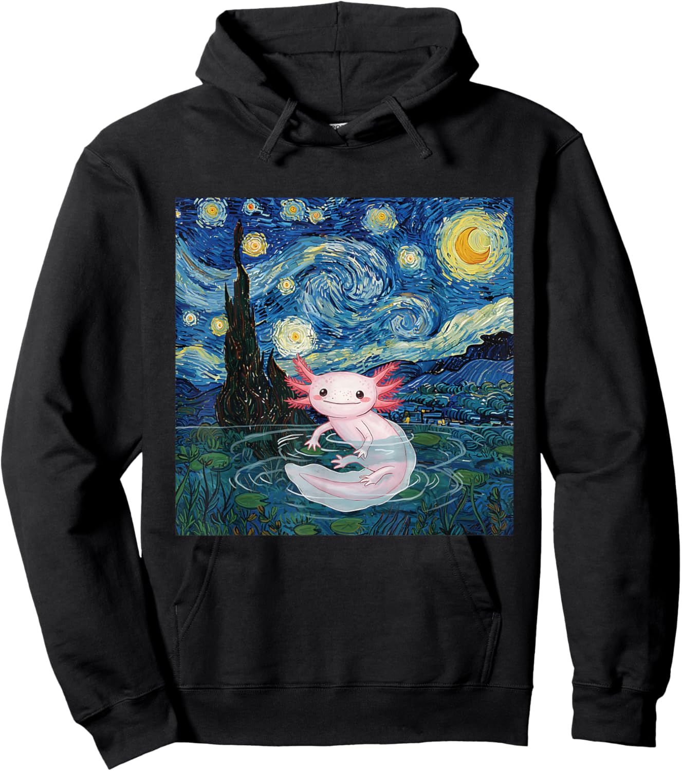Playful Axolotl Kawaii Van Gogh Style Starry Night Graphic Hoodie - Hoodie | Black