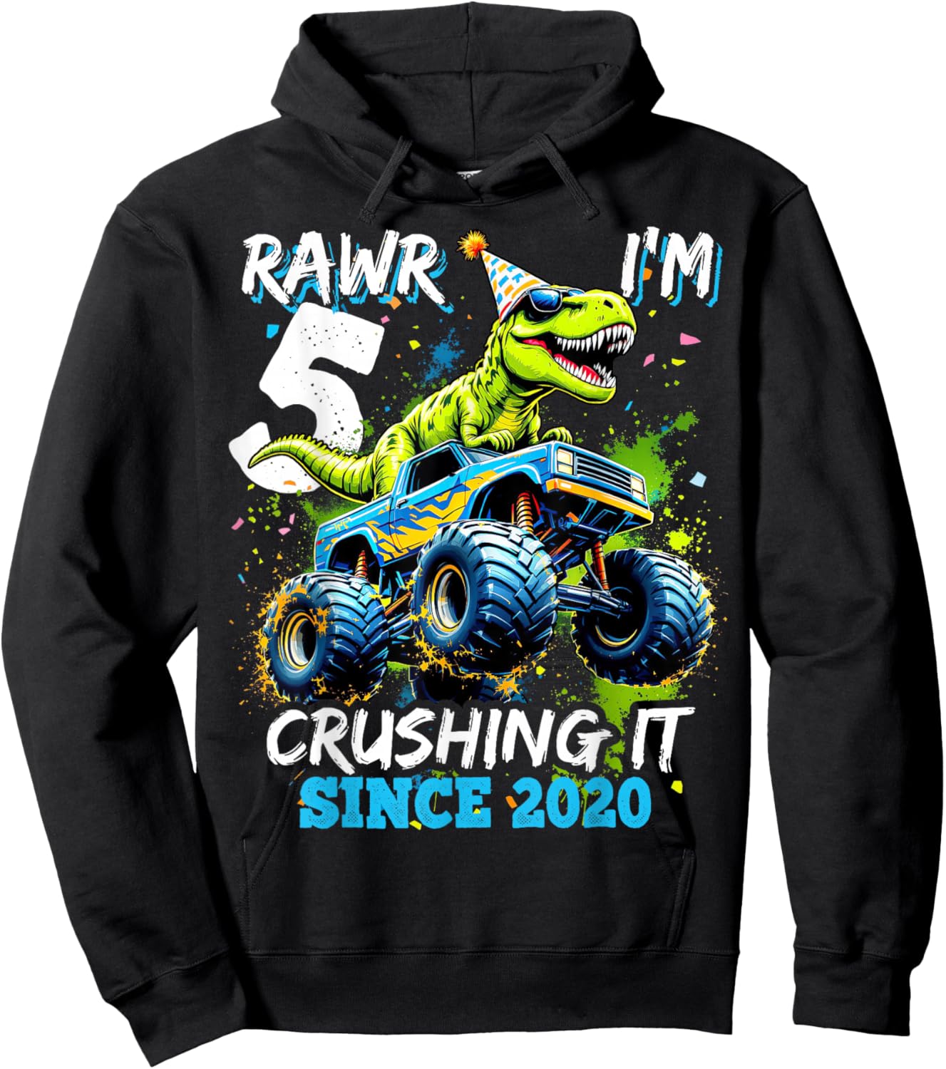 5th Birthday Monster Truck Dinosaur Party Boys Rawr I'm 5 Hoodie - Hoodie | Black