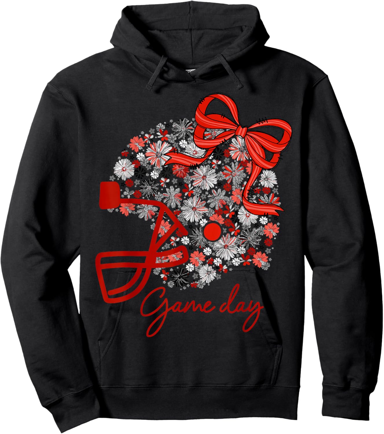 Floral Football Game Day Girly Team Spirit Black Red & White Hoodie - Hoodie | Black