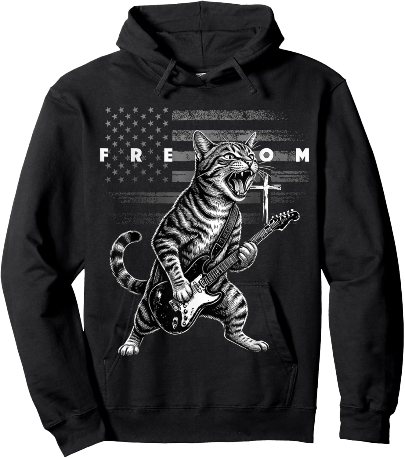 Freedom Cross USA Flag Funny Cat Playing Guitar Hoodie - Hoodie | Black