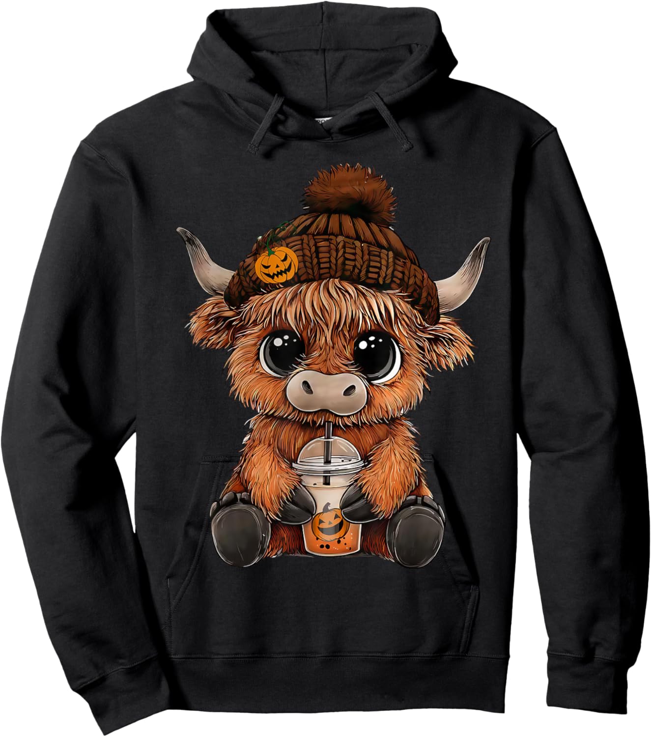 Cute Highland Cow Hat Pumpkin Drink Coffee Lover Halloween Hoodie - Hoodie | Black