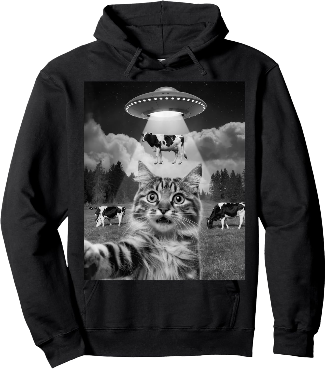 Cat Selfie Flying Alien UFO Cow Lover Men Women Kids Hoodie - Hoodie | Black