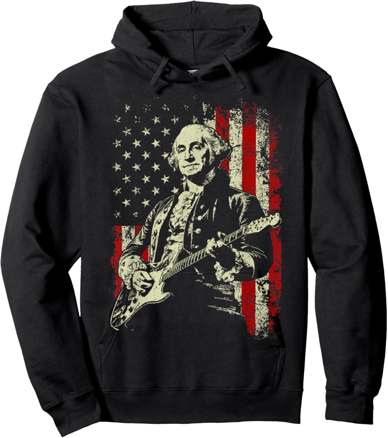 George Washington Playing Guitar Rock and Roll American Flag Hoodie - Hoodie | Black