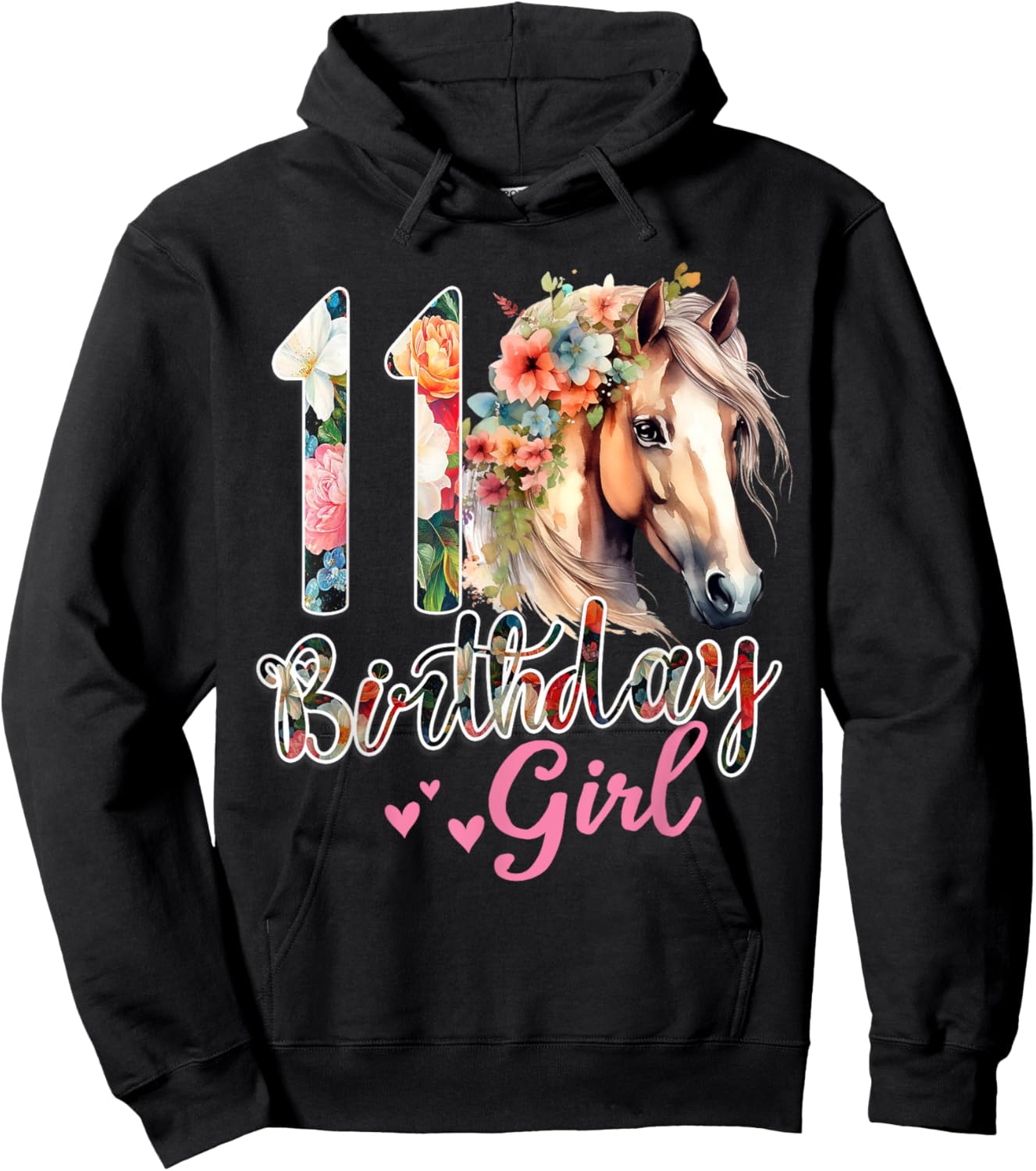 11th Birthday Horse 11 Years Old Birthday Girl Hoodie - Hoodie | Black