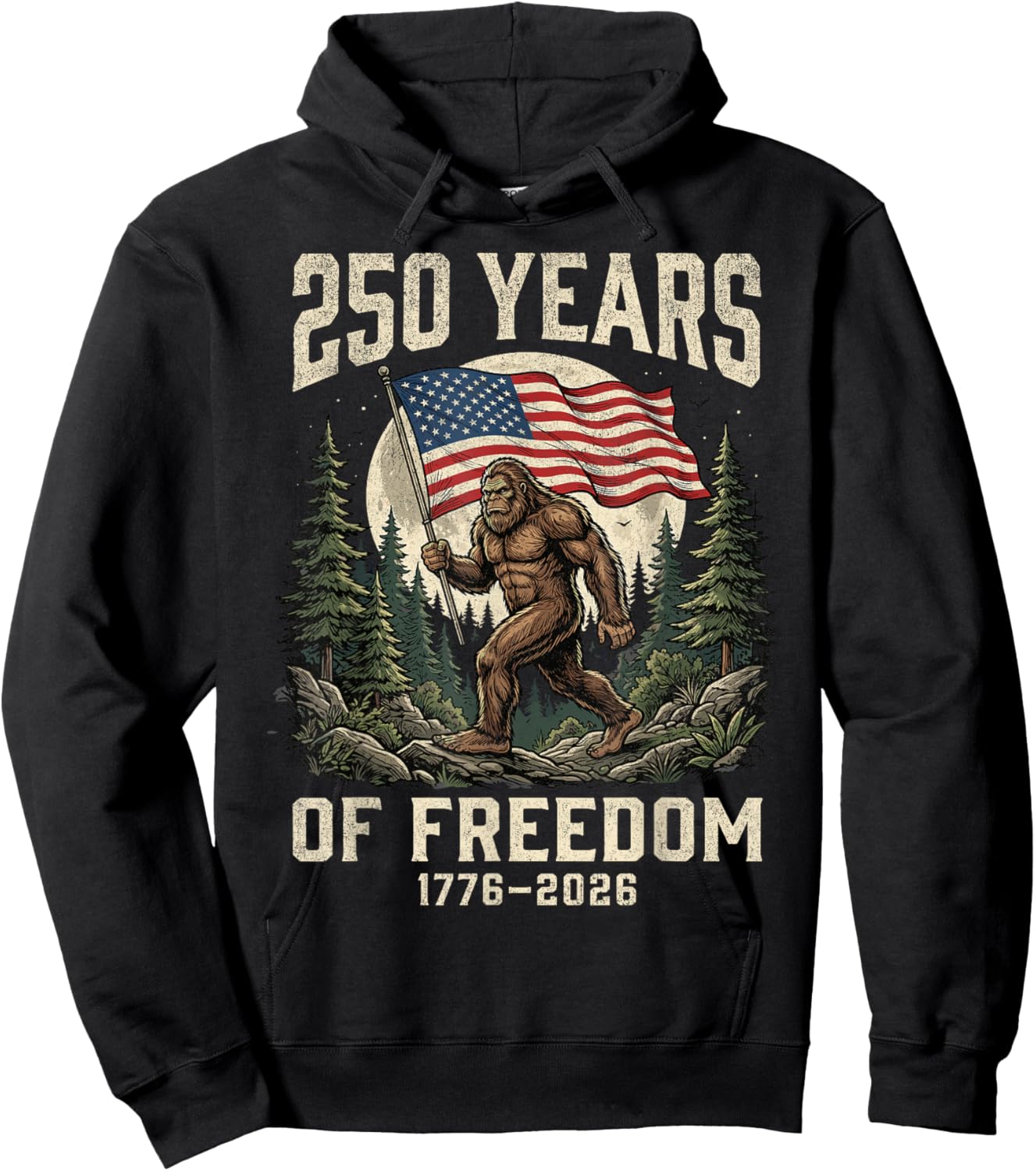 Bigfoot Patriotic 250 Years of Freedom American USA Flag Hoodie - Hoodie | Black