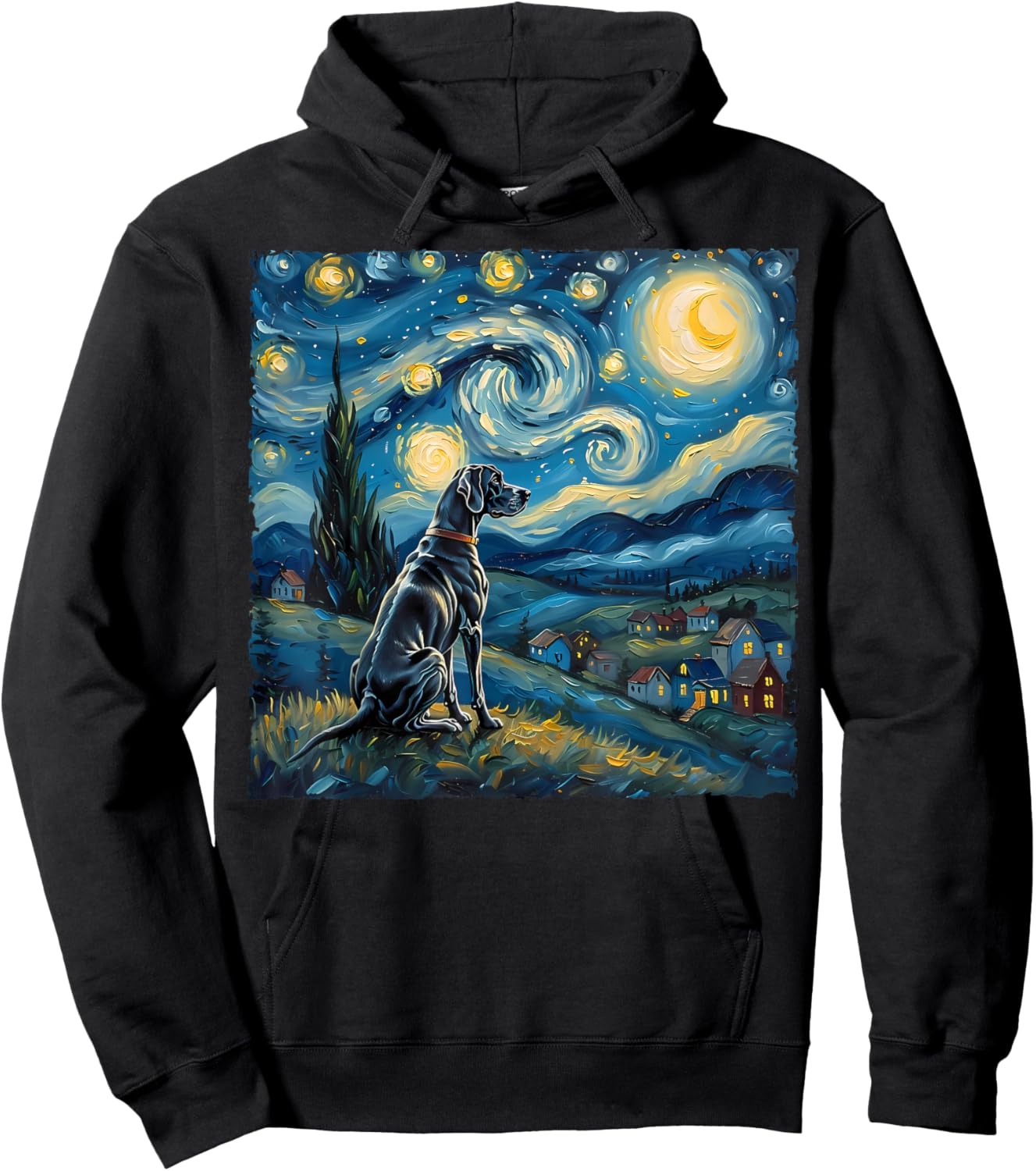 Great Dane Dog Lovers Starry Night Van Gogh Style Painting Women Girls Kids Hoodie - Hoodie | Black