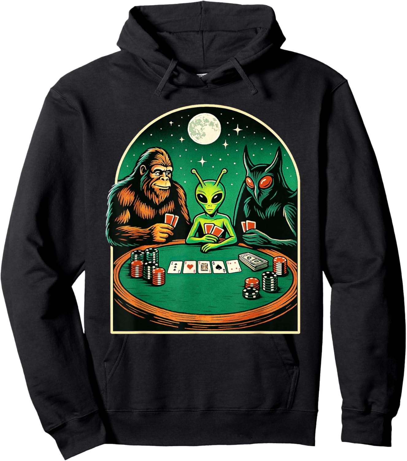 Poker Design Men Women Bigfoot Alien Mothman Playing Poker Hoodie - Hoodie | Black