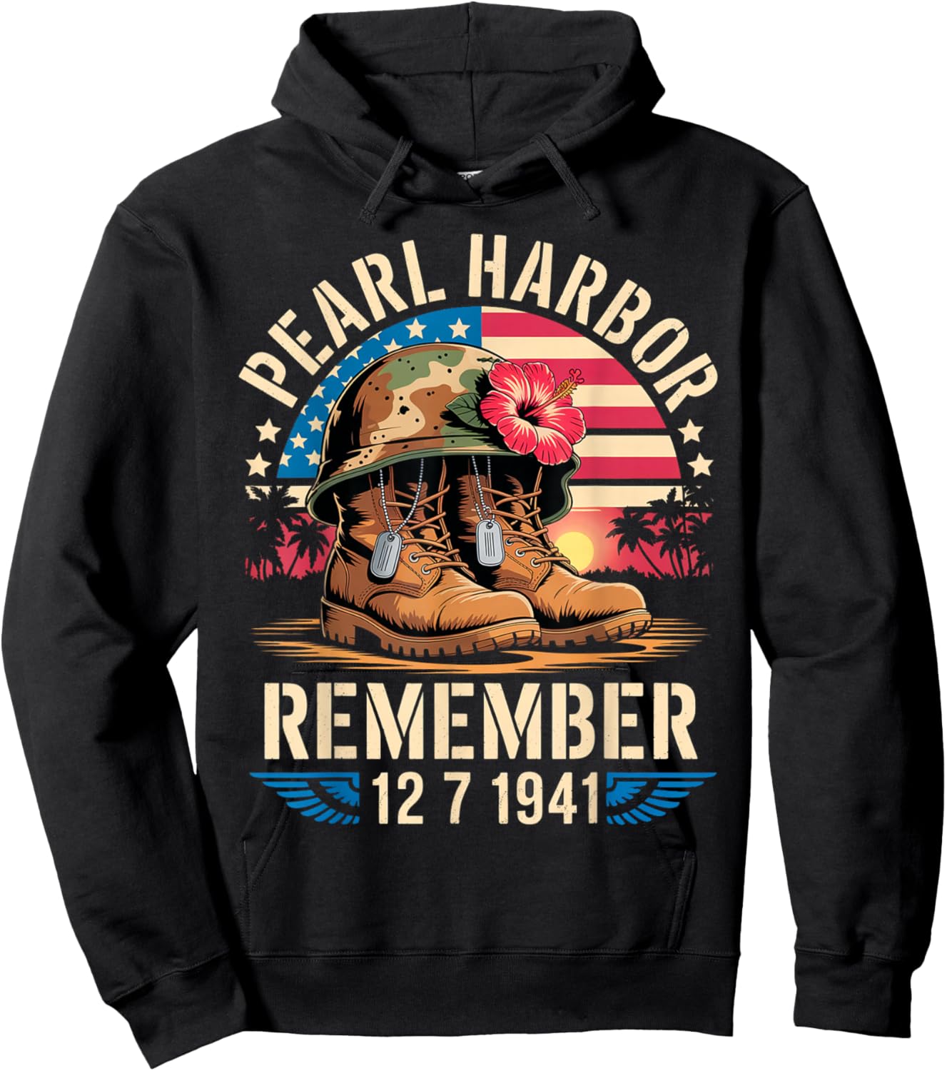 Vintage Hawaii USA Flag , Pearl Harbor Memorial Day Gifts Hoodie - Hoodie | Black