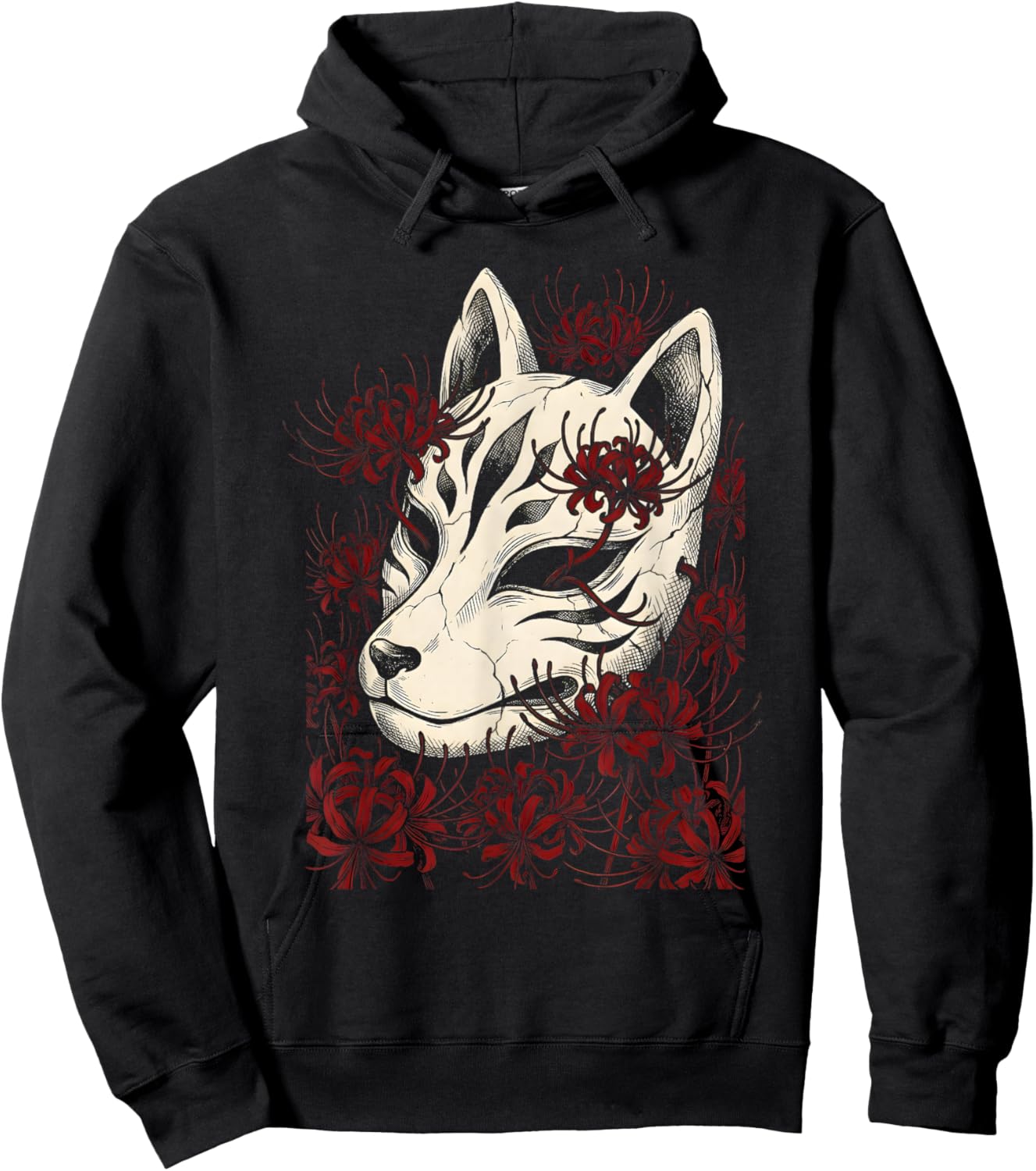 Kitsune Mask Fox Spirit Red Spider Lily Flower Yokai Art Hoodie - Hoodie | Black