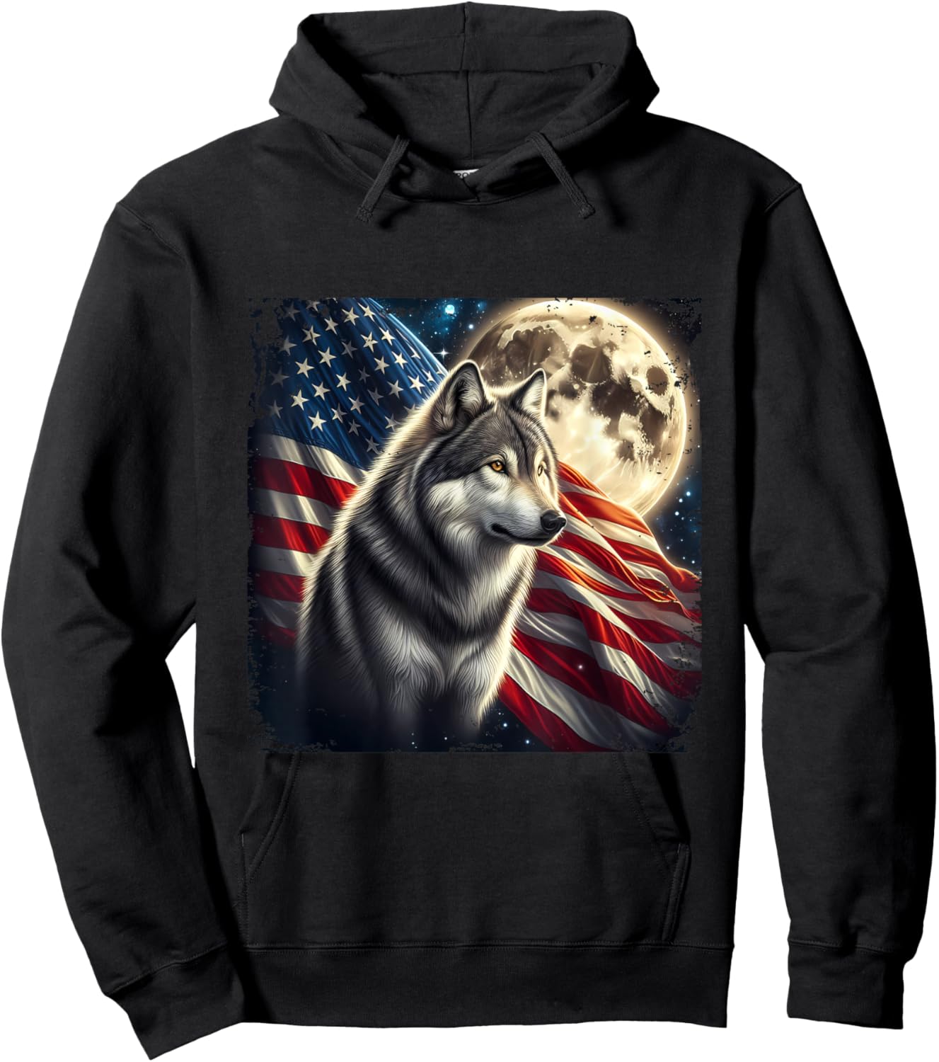 Wolf 4th of July American Flag Alpha Wolf Under Moon Hoodie - Hoodie | Black