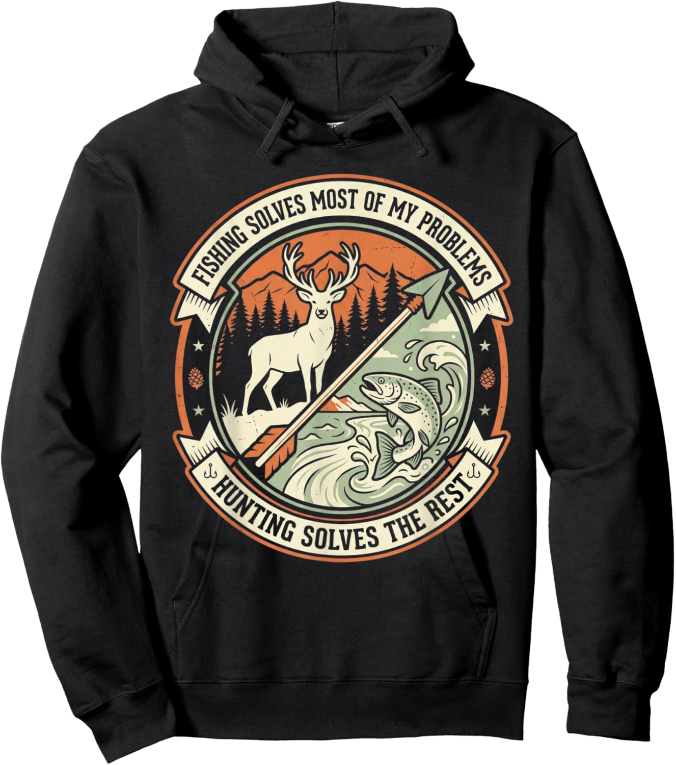 Funny Hunting Fishing Deer Buck Trout Vintage Outdoor Hobby Hoodie - Hoodie | Black