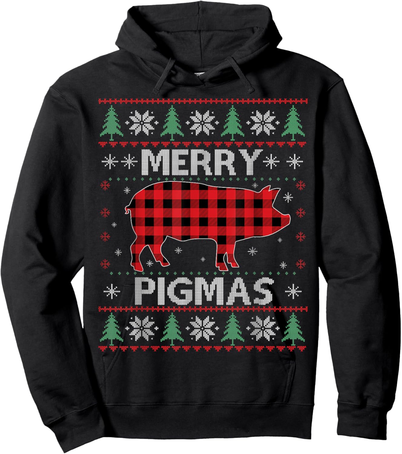 Merry Pigmas Pig Red Plaid Ugly Sweater Xmas Funny Hoodie - Hoodie | Black