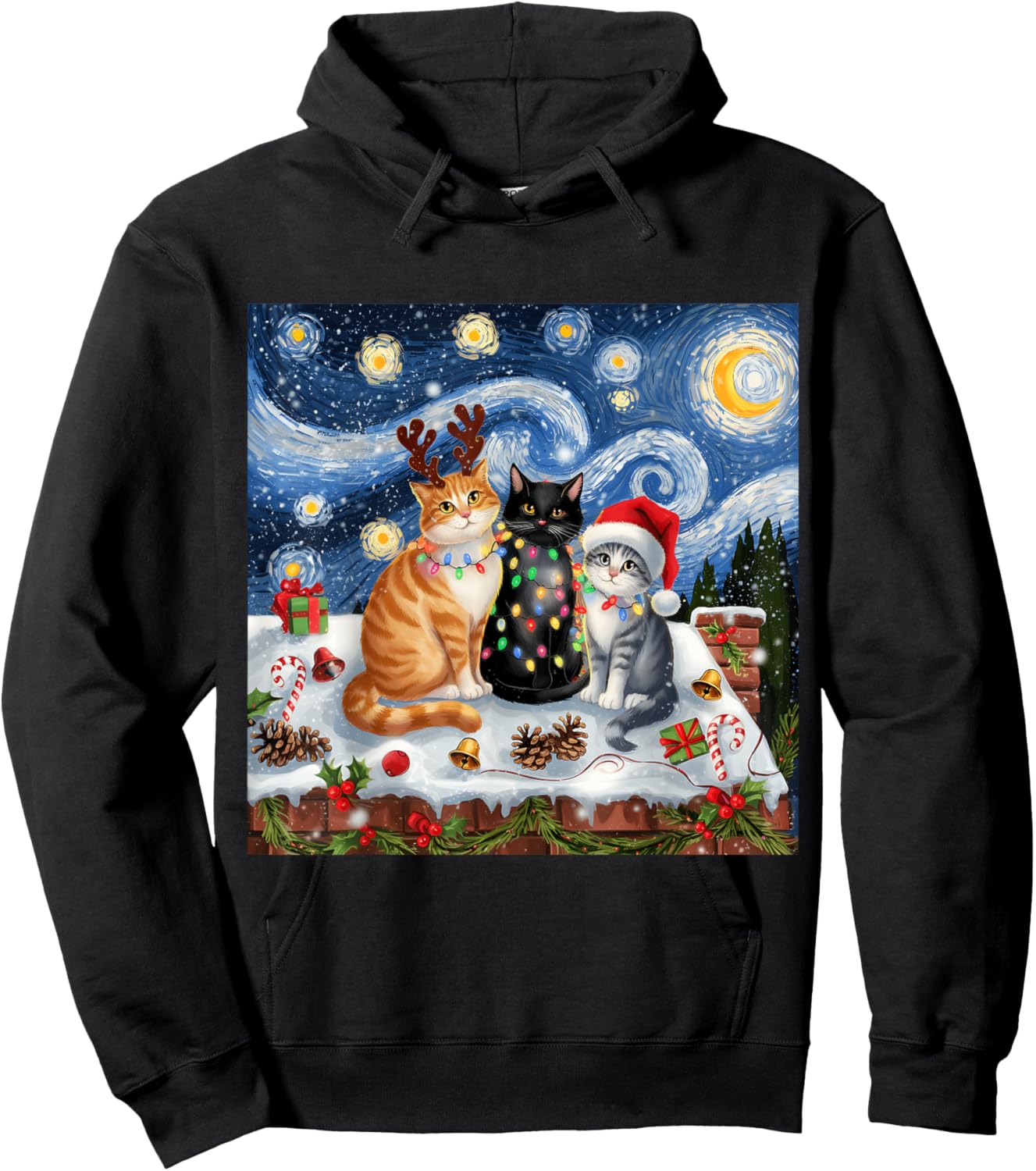 Christmas Van Gogh Starry Night Black Cat Santa Funny Xmas Hoodie - Hoodie | Black