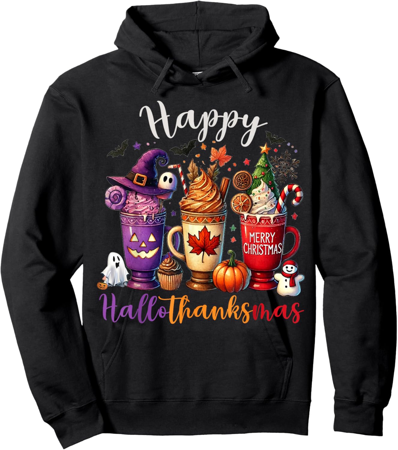 Happy Hallothanksmas Coffee Lover Halloween Merry Christmas Hoodie - Hoodie | Black