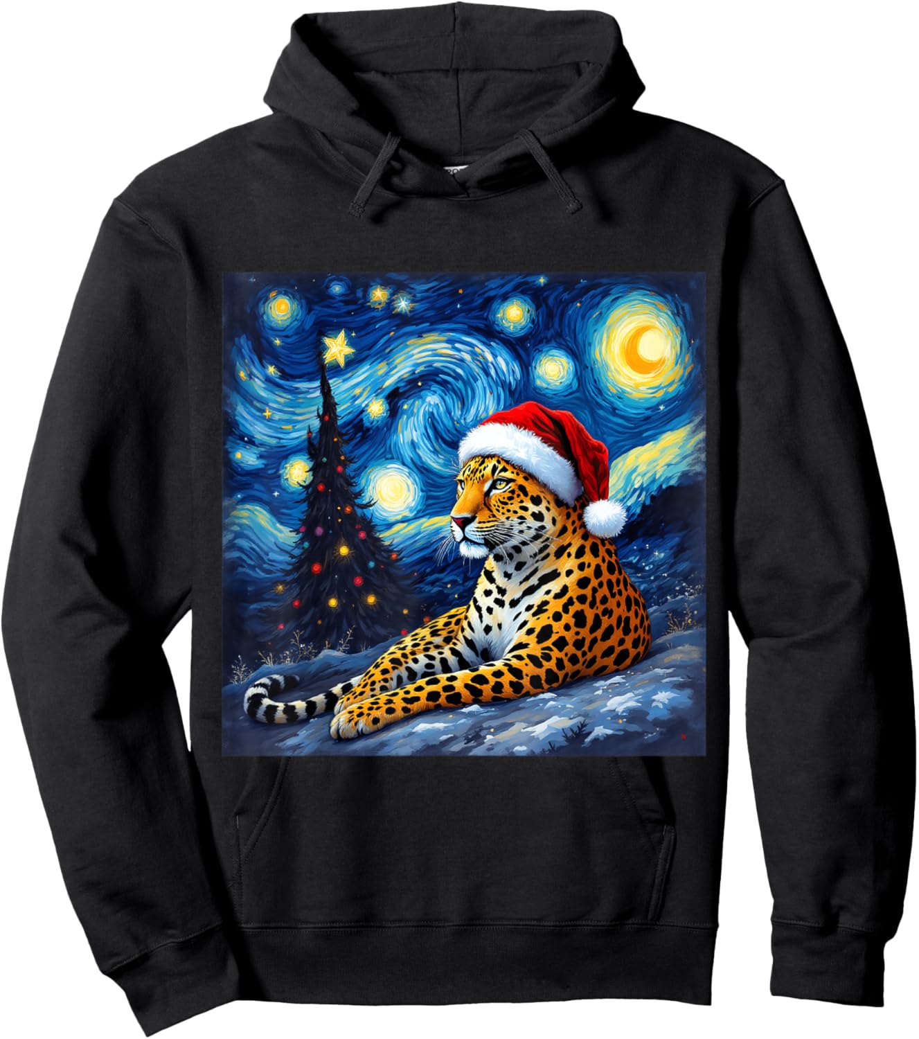 Christmas Leopard Santa Hat Van Gogh Starry Night Holiday Hoodie - Hoodie | Black