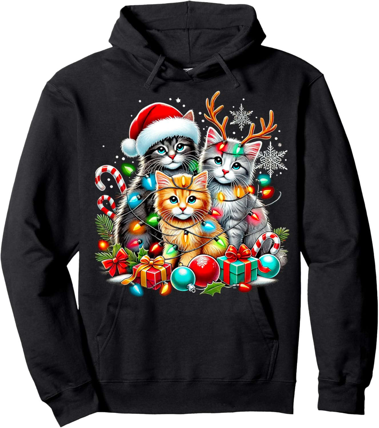 Merry Christmas Baby Cats Presents Snowflake Santa Claus Hoodie - Hoodie | Black