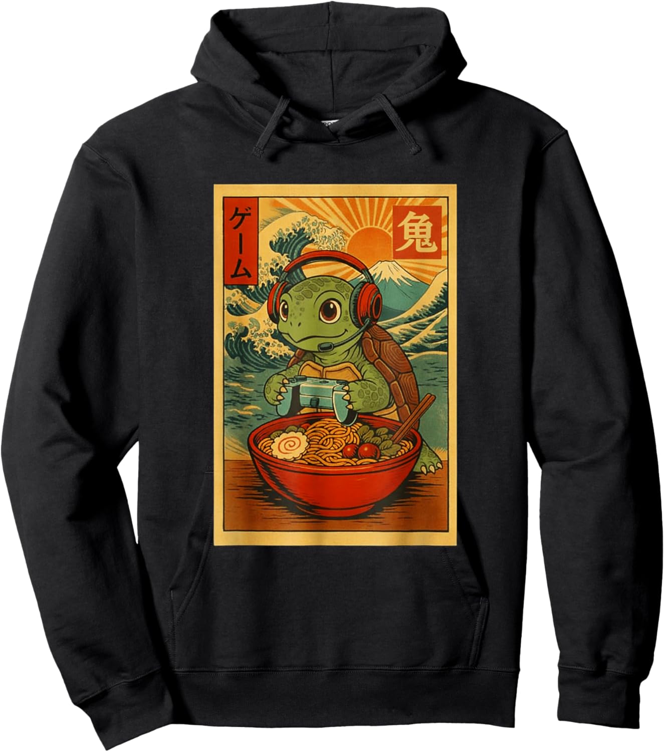 Turtle Gamer Ramen Japanese Ukiyo-e Mount Fuji Hoodie - Hoodie | Black
