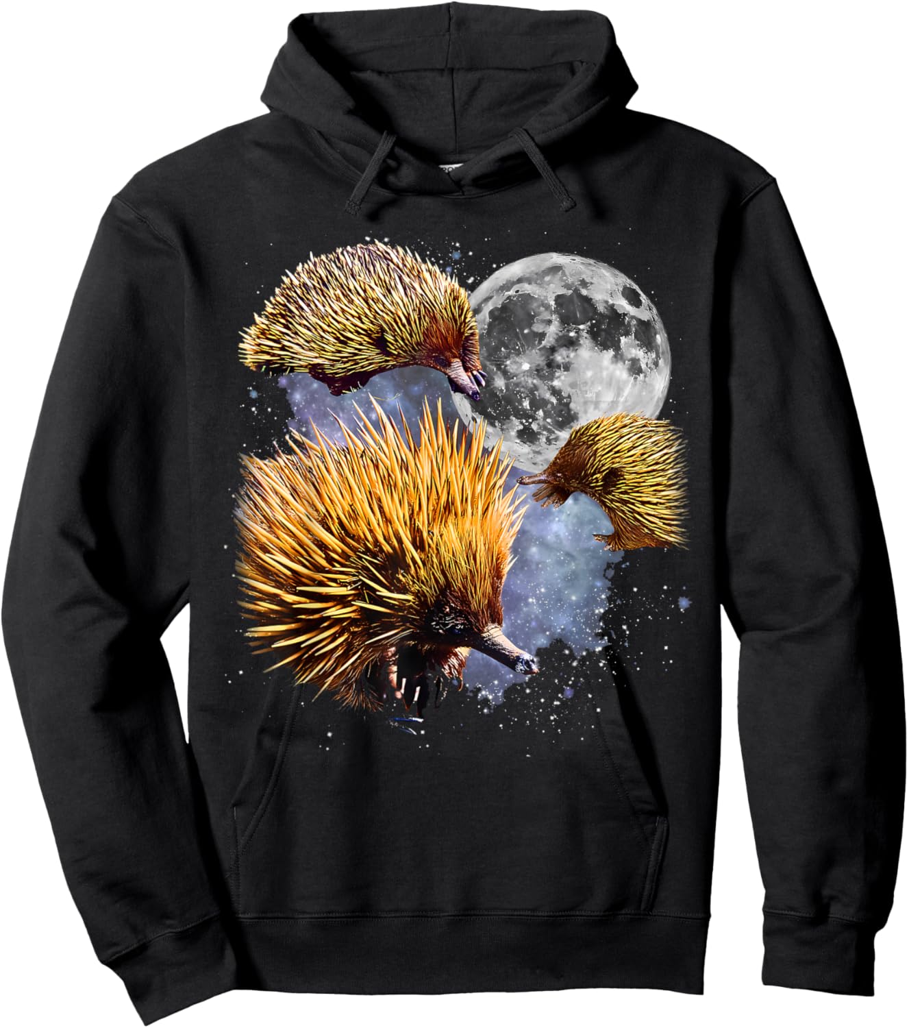 Retro Three Echidna Howling at The Moon Animal Lover Graphic Hoodie - Hoodie | Black
