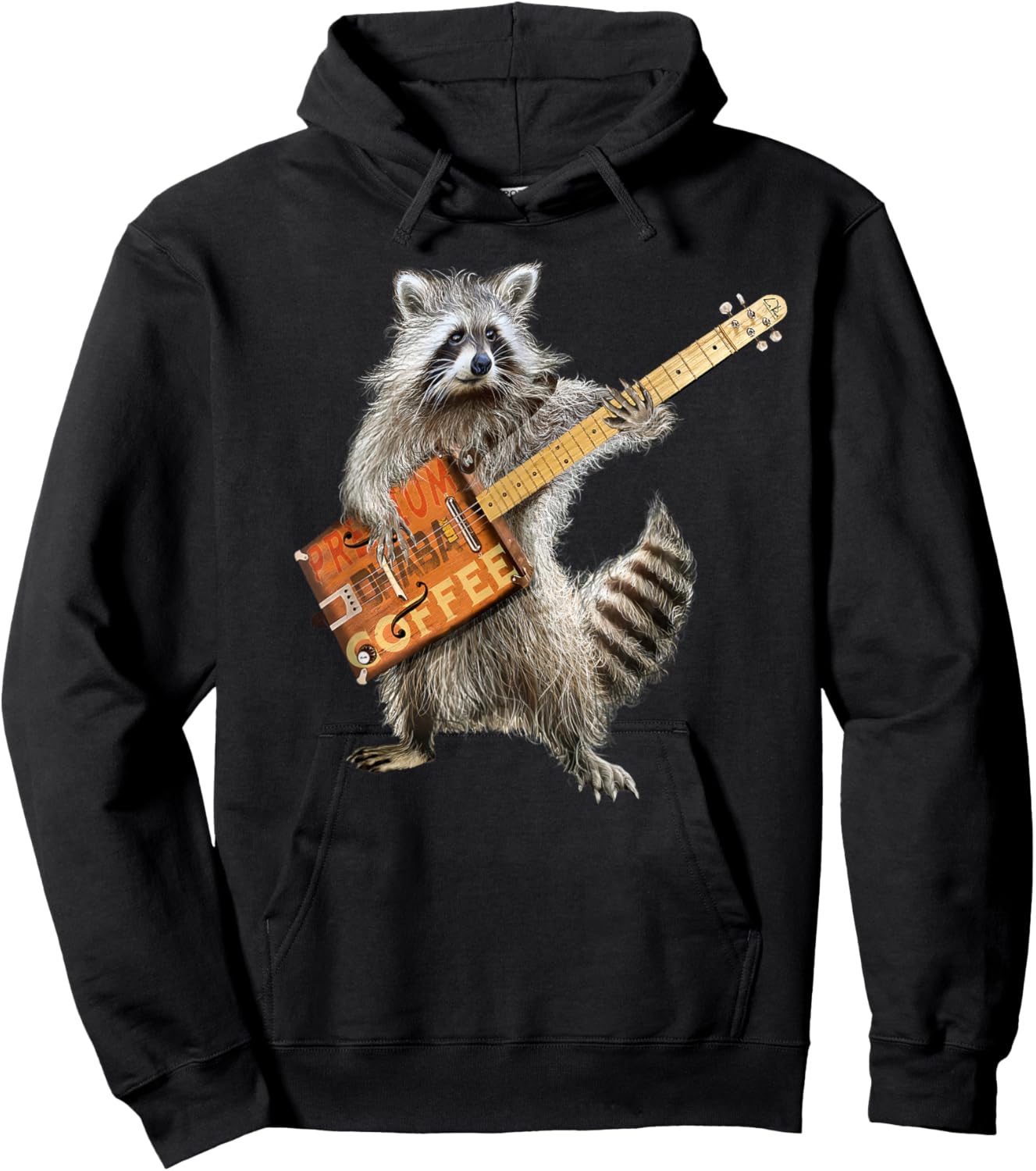 Raccoon Cute Funny Coffee Guitar Player Guitarist Animal Art Hoodie - Hoodie | Black