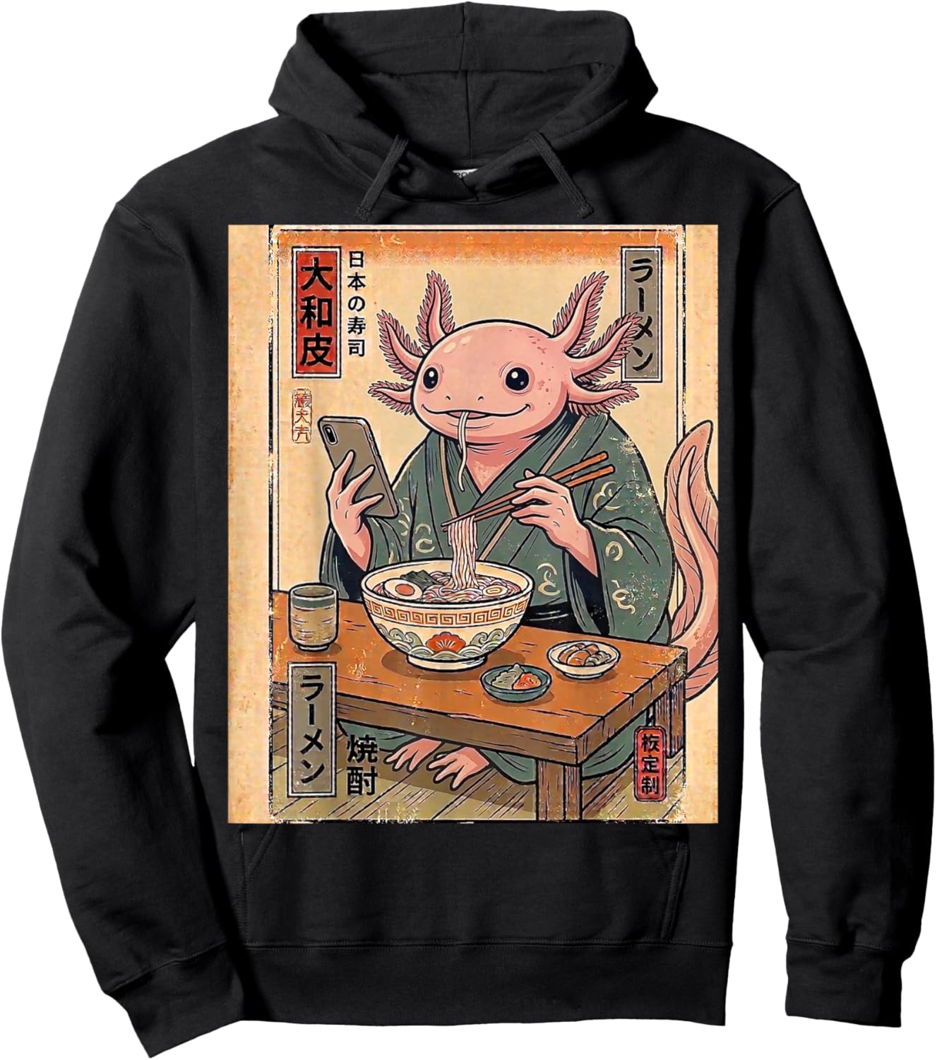 Funny Axolotl Eating Ramen Retro Japanese Gifts Men Women Hoodie - Hoodie | Black