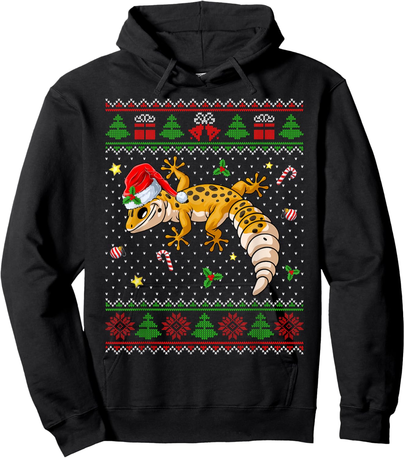 Cute Leopard Gecko Santa Hat Ugly Christmas Sweater Xmas PJS Hoodie - Hoodie | Black