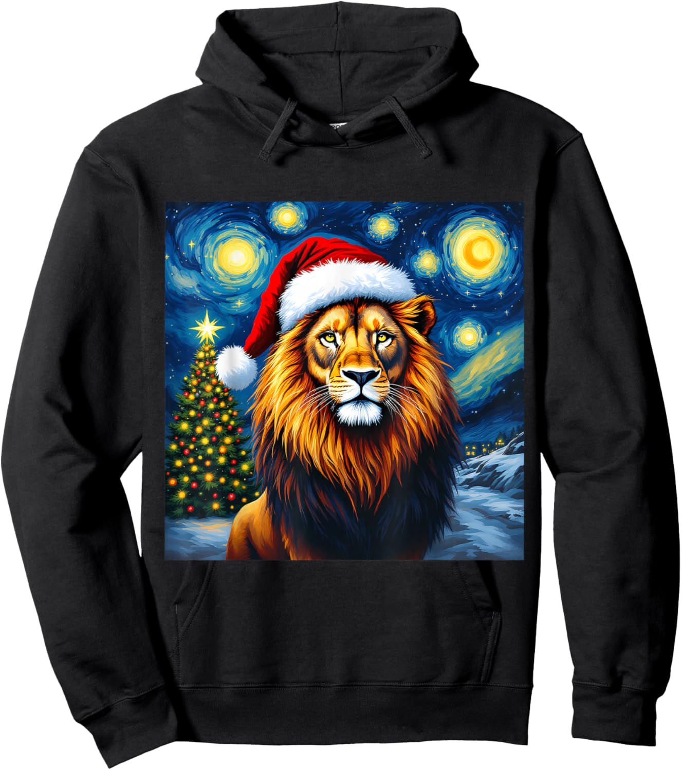 Christmas Lion Santa Hat Van Gogh Starry Night Holiday Hoodie - Hoodie | Black
