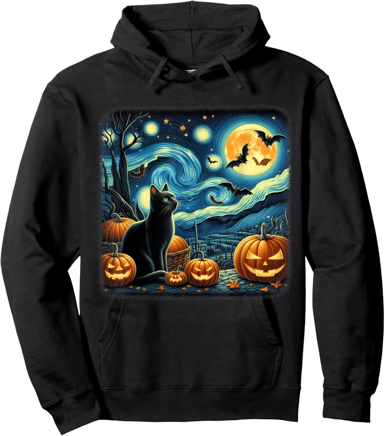 Van Gogh Cat Starry Night Black Cat Halloween Cat Lovers Men Women Kids Hoodie - Hoodie | Black