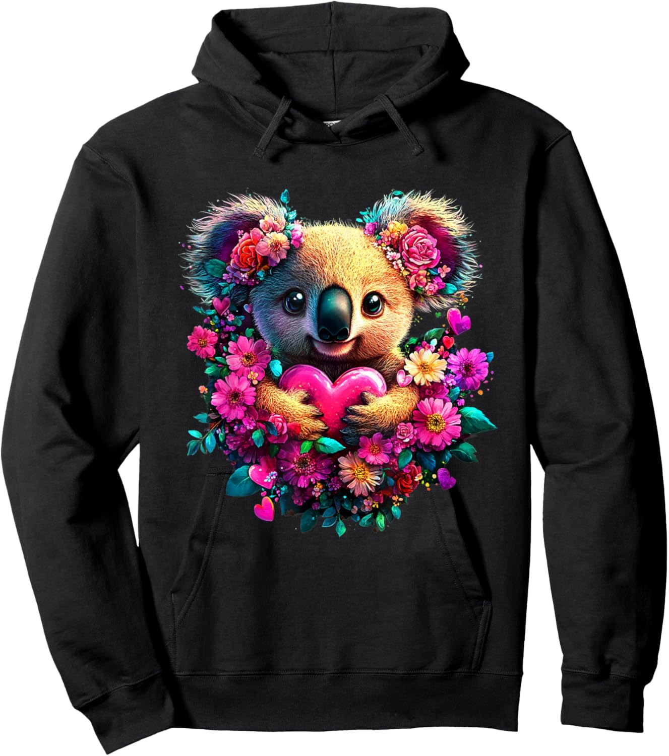 Koala Hearts and Flowers Graphic Valentines Day Hoodie - Hoodie | Black