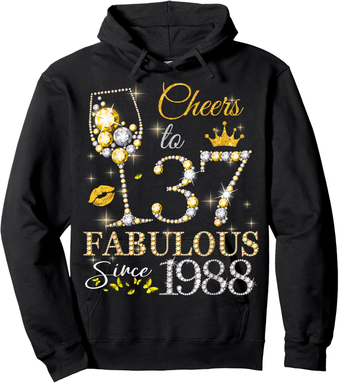 Cheers to 37 Years Old EST 1988 37th Birthday Queen Hoodie - Hoodie | Black