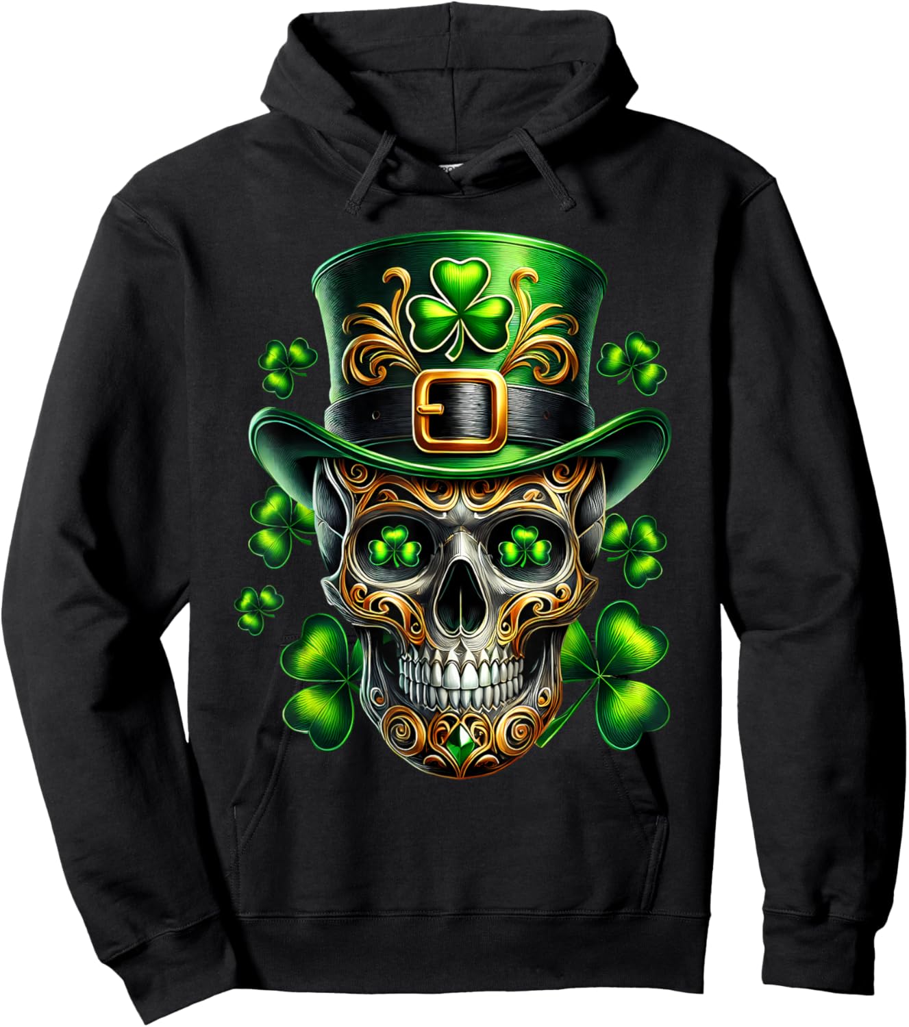 Men Irish Skull Shamrock Leprechaun Ireland St Patricks Day Hoodie - Hoodie | Black