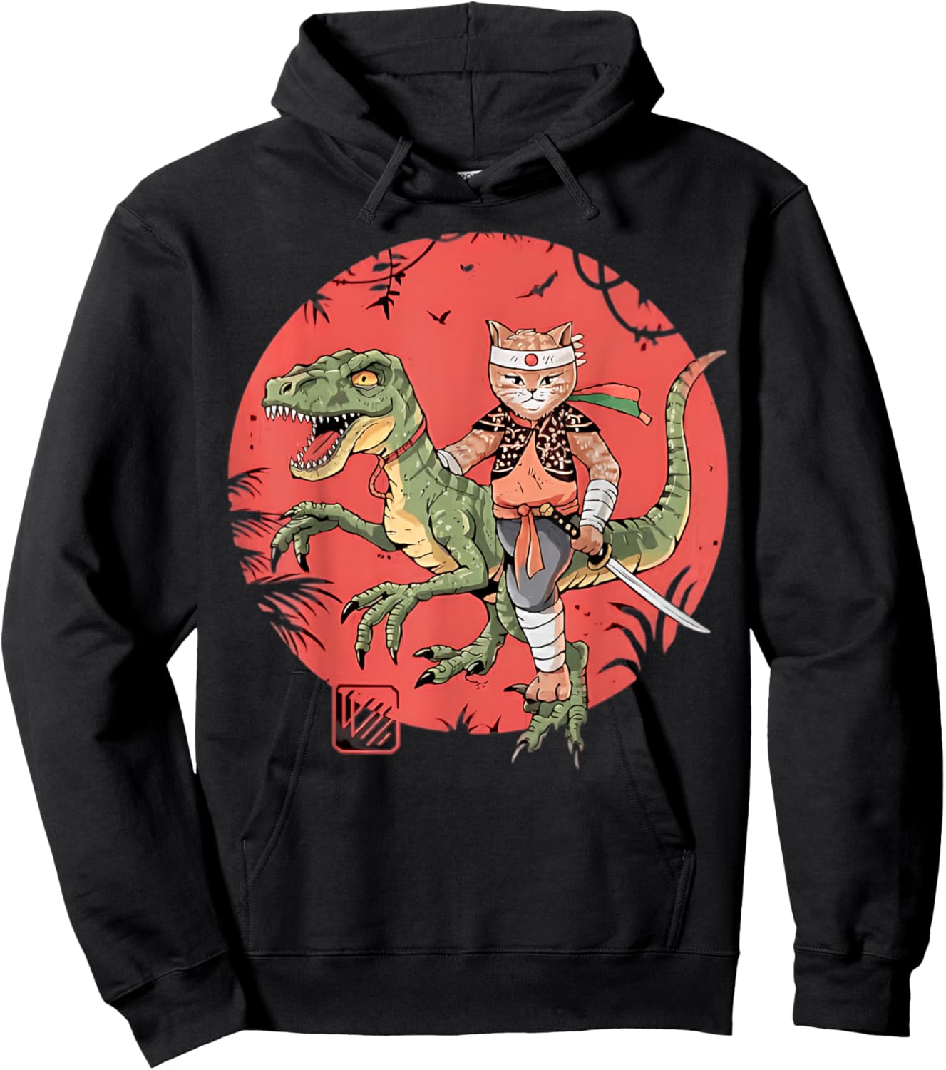 Samurai Cat Dinosaur Japanese Art Ukiyo-e Graphic Hoodie - Hoodie | Black