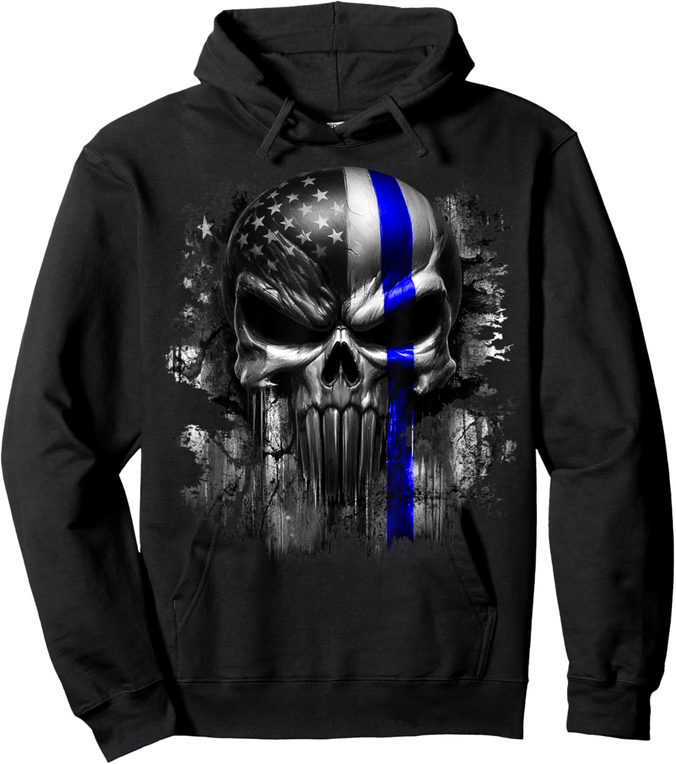 USA American Skull Patriotic Flag Blue Line Grunge Graphic Women Men Hoodie - Hoodie | Black