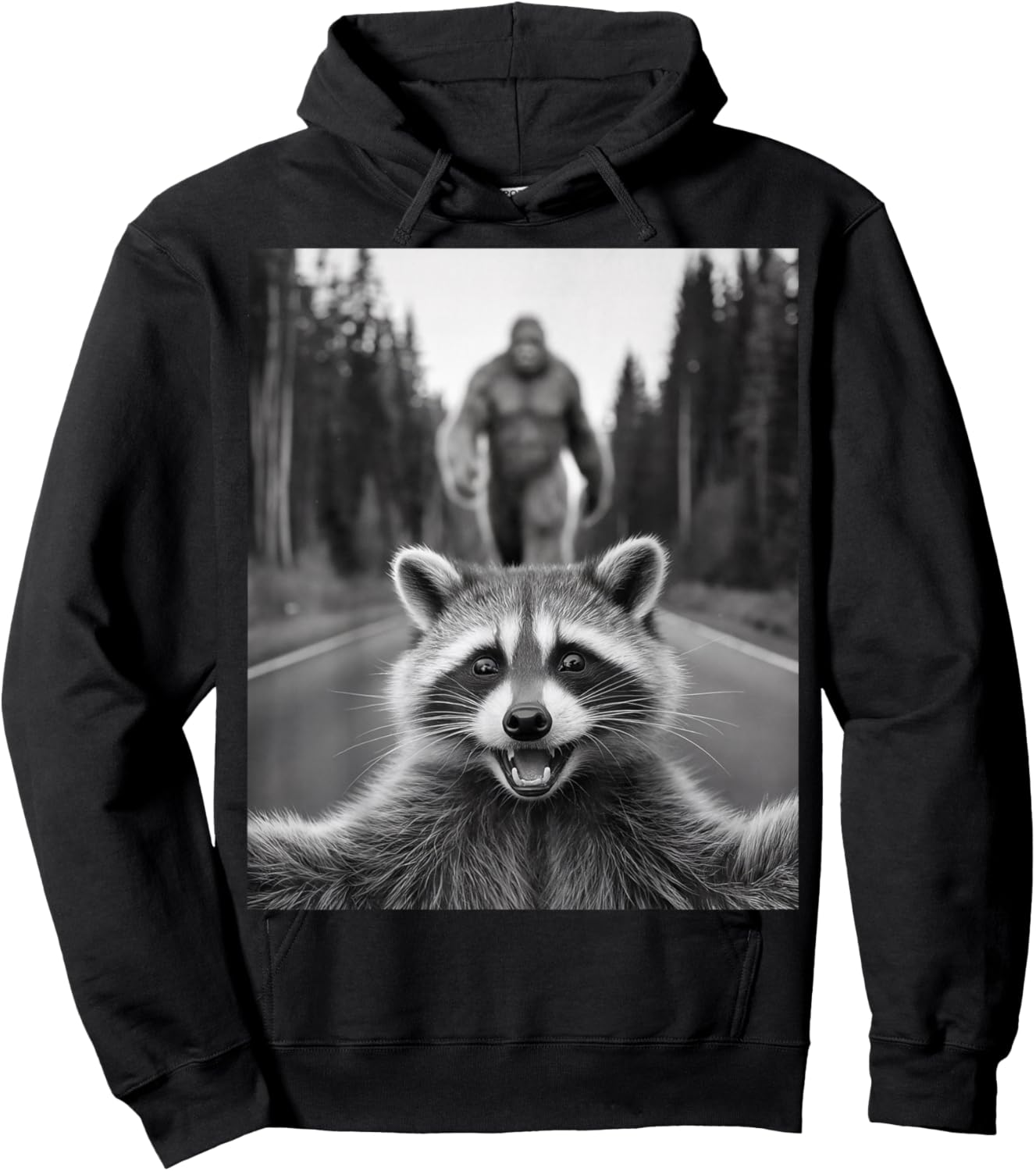 Scared Raccoon Selfie With Sasquatch Bigfoot , Funny Raccoon Hoodie - Hoodie | Black