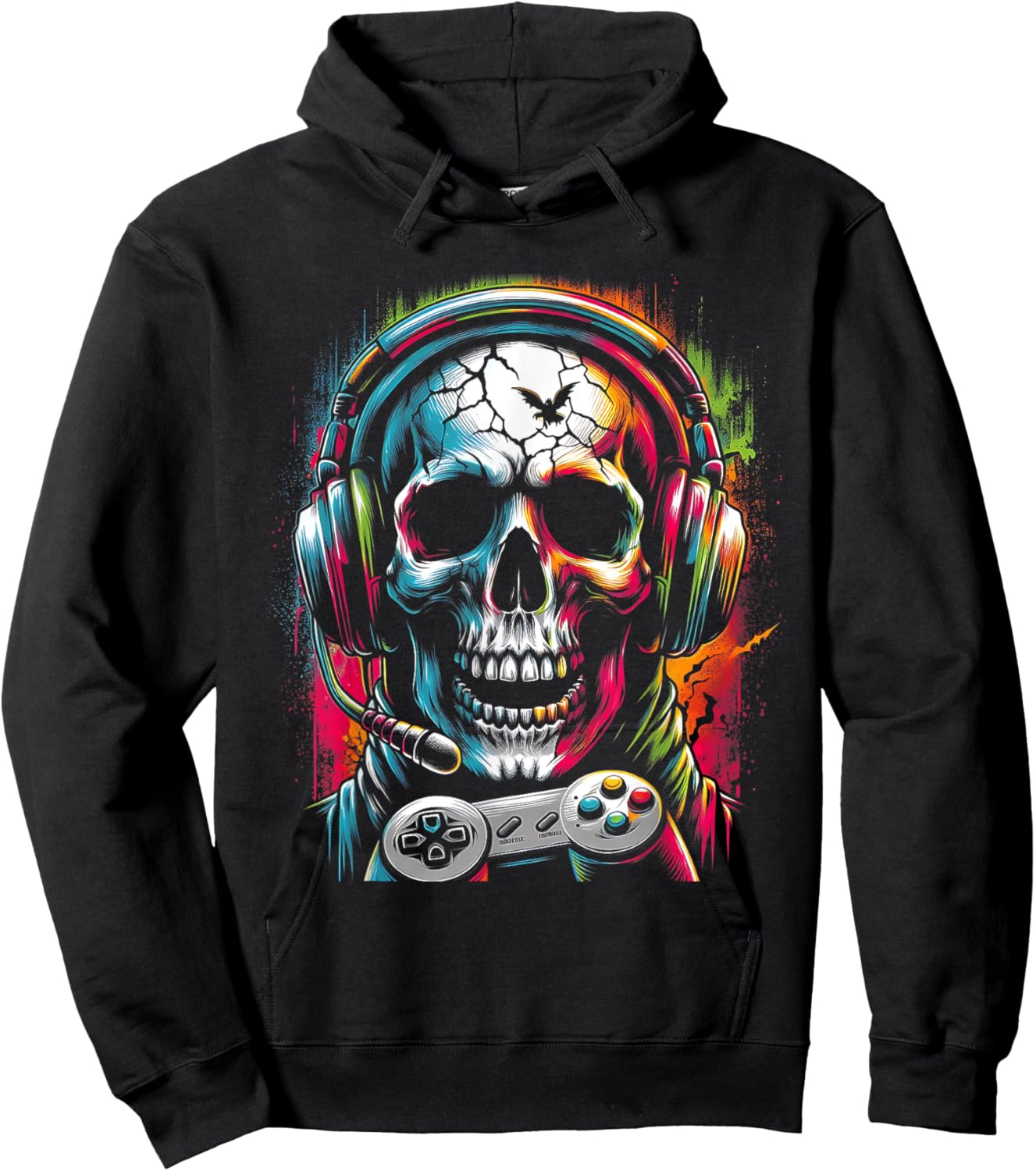 Totenkopf trägt Kopfhörer Grunge Gamer bunt Halloween Hoodie - Hoodie | Black
