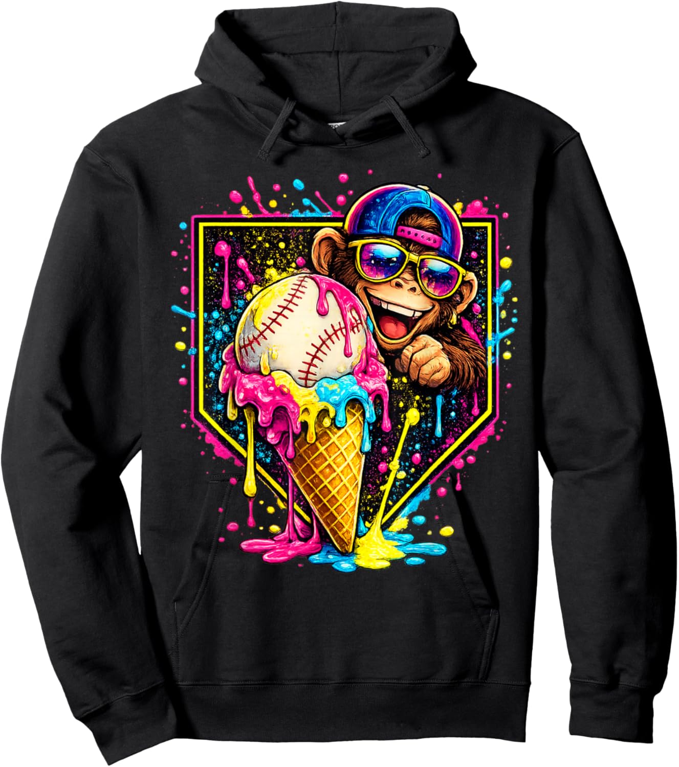 Monkey Funny Animals Baseball Ice Cream Drip Cool Hoodie - Hoodie | Black