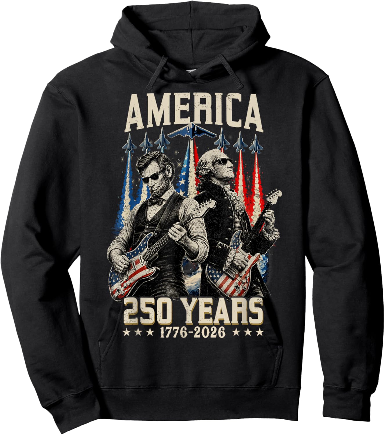 George Washington Abraham Lincoln Playing Guitar 250 Years Hoodie - Hoodie | Black